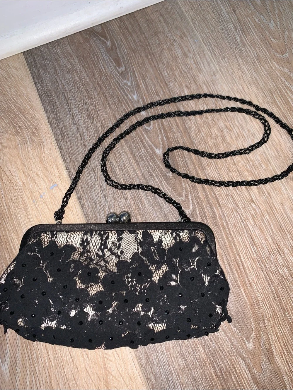 Nina vintage black lace & floral embellished clutch crossbody bag